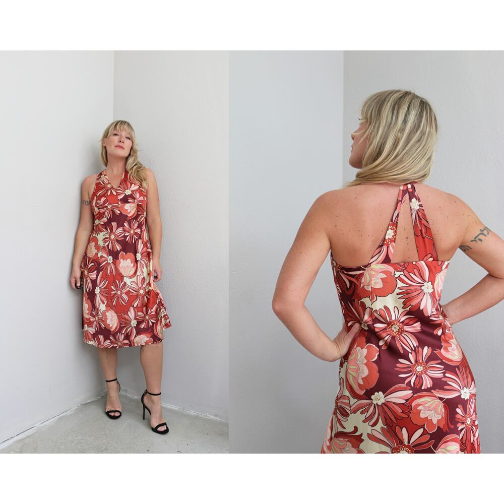 Ann Taylor Silk Halter Y2K Style Floral Midi Party Dress ~ Women's Size 4 XS SM